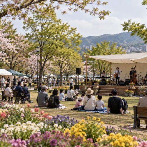 春の公園イベントで演奏を楽しむ人々と花壇のある風景