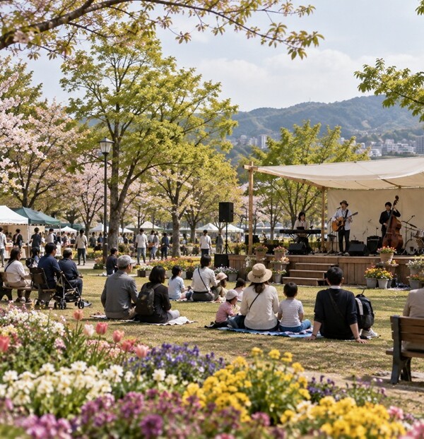 春の公園イベントで演奏を楽しむ人々と花壇のある風景
