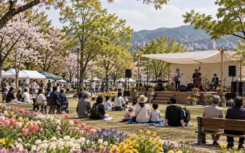 春の公園イベントで演奏を楽しむ人々と花壇のある風景