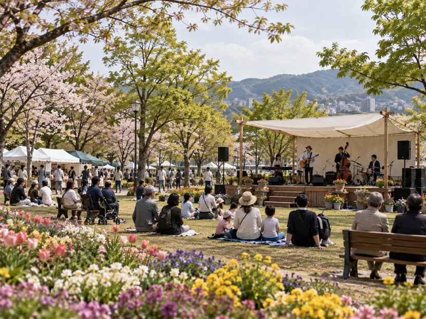 春の公園イベントで演奏を楽しむ人々と花壇のある風景