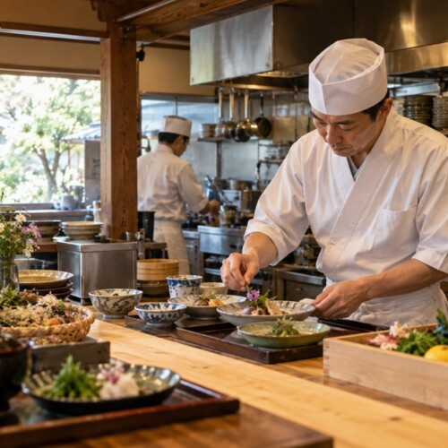 和食の料理に小さな食用花を添える料理人と厨房の様子