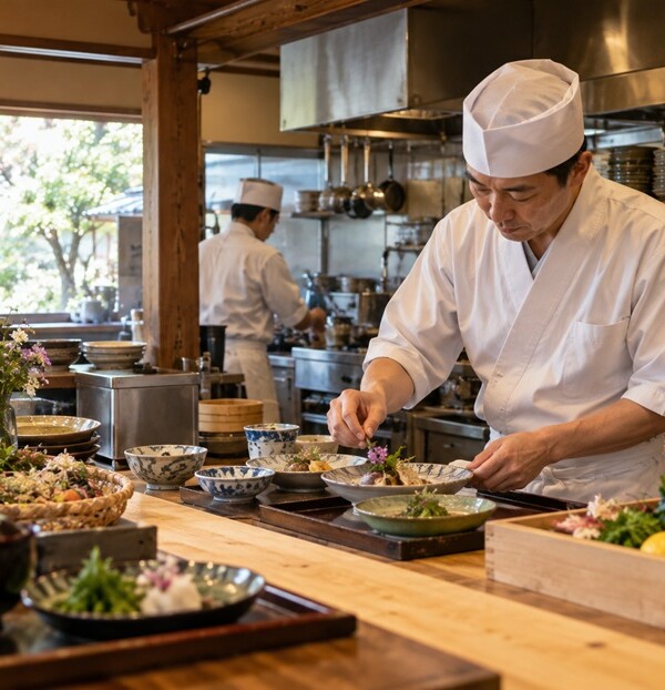 和食の料理に小さな食用花を添える料理人と厨房の様子