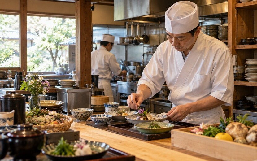 和食の料理に小さな食用花を添える料理人と厨房の様子