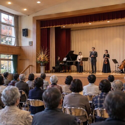 地域の記念行事で演奏前に客席へ挨拶する演奏者たち