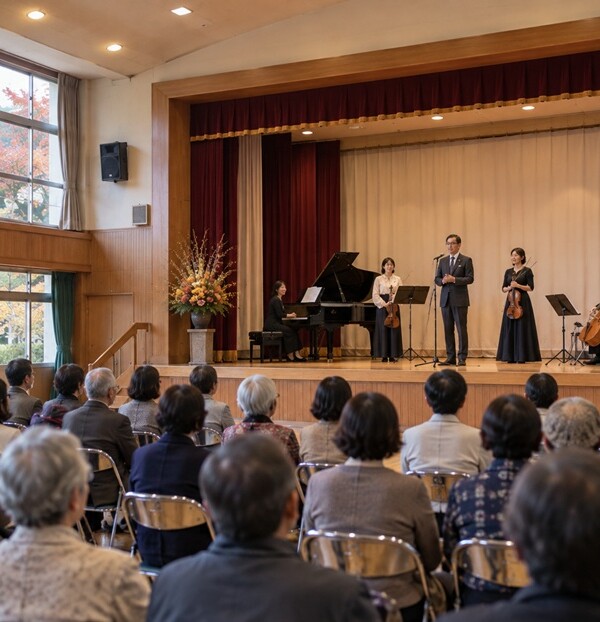 地域の記念行事で演奏前に客席へ挨拶する演奏者たち