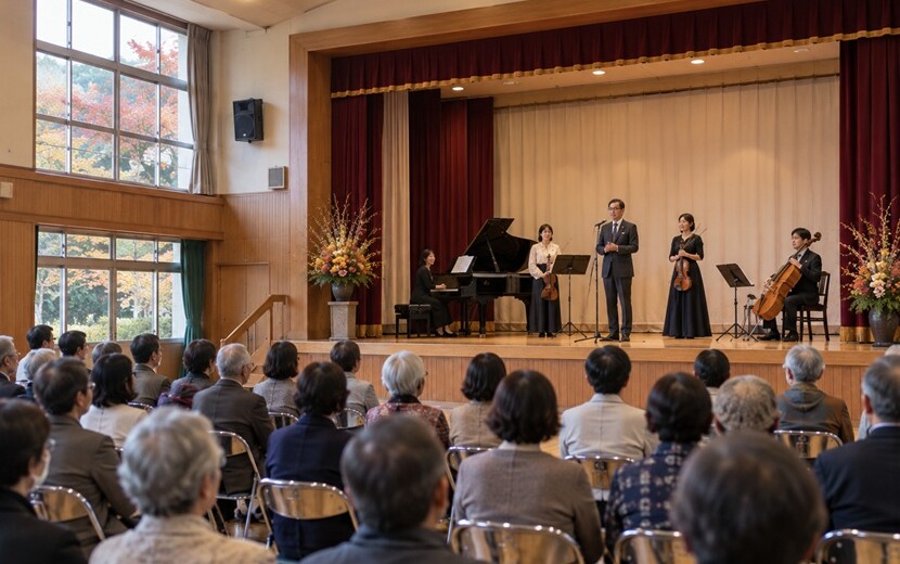 地域の記念行事で演奏前に客席へ挨拶する演奏者たち