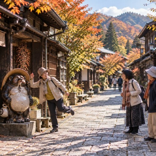 秋の観光地で遊び心のあるポーズを見せ友人を笑わせる女性