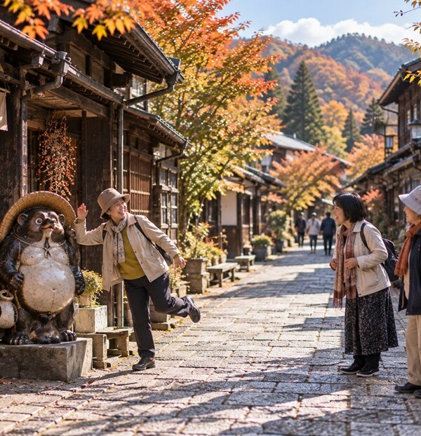 秋の観光地で遊び心のあるポーズを見せ友人を笑わせる女性