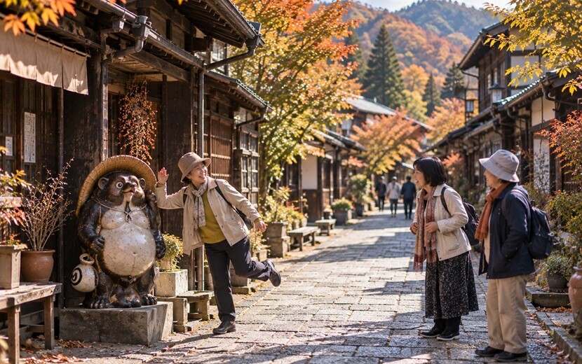 秋の観光地で遊び心のあるポーズを見せ友人を笑わせる女性