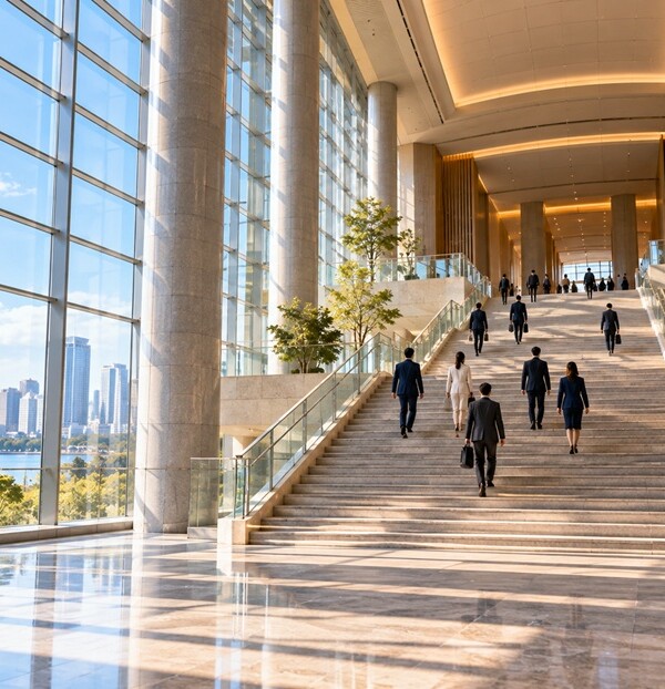 国際的な会議施設の大階段を堂々と進む人々