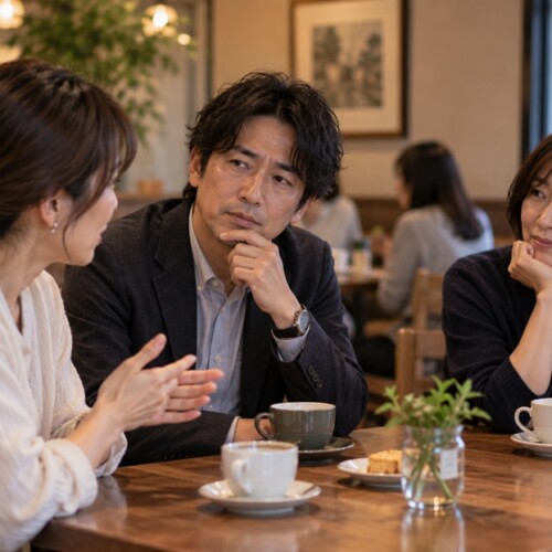 会話の中で相手に配慮しながら言葉を選ぶ男女