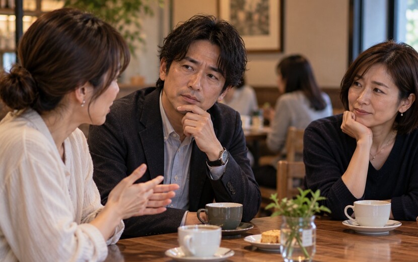 会話の中で相手に配慮しながら言葉を選ぶ男女