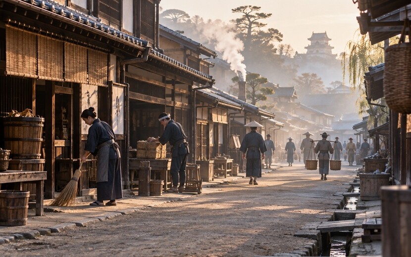 朝食前から仕事を始める江戸時代の町人たちと早朝の町並み