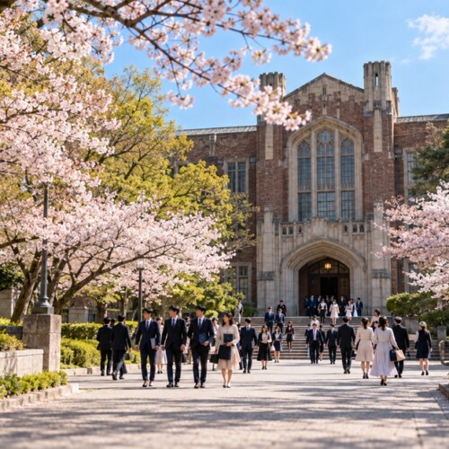 式典会場へ威風堂々と歩く学生たち