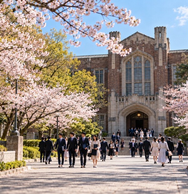 式典会場へ威風堂々と歩く学生たち