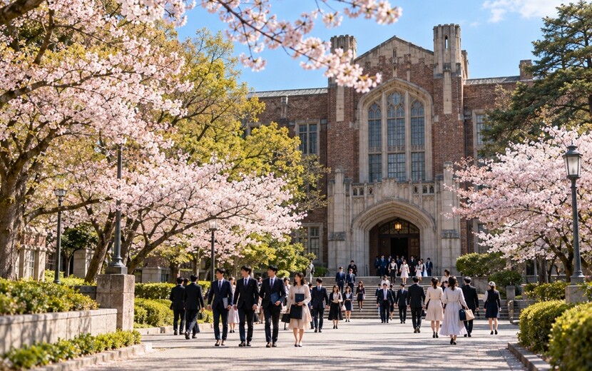 式典会場へ威風堂々と歩く学生たち