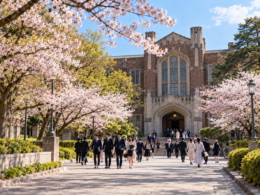 式典会場へ威風堂々と歩く学生たち