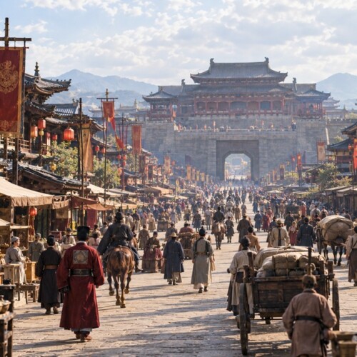 唐代の中国を思わせる都の城門と街道を役人や旅人が行き交う歴史的な風景