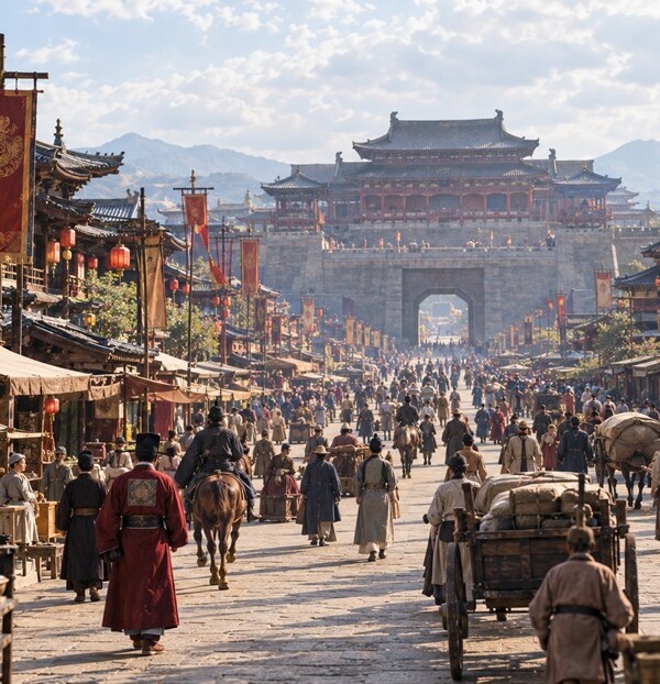 唐代の中国を思わせる都の城門と街道を役人や旅人が行き交う歴史的な風景