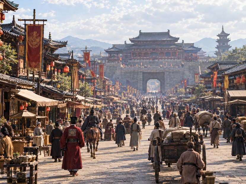 唐代の中国を思わせる都の城門と街道を役人や旅人が行き交う歴史的な風景