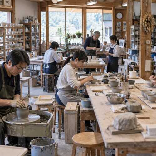 陶芸工房でそれぞれ異なる作業に取り組む人たち