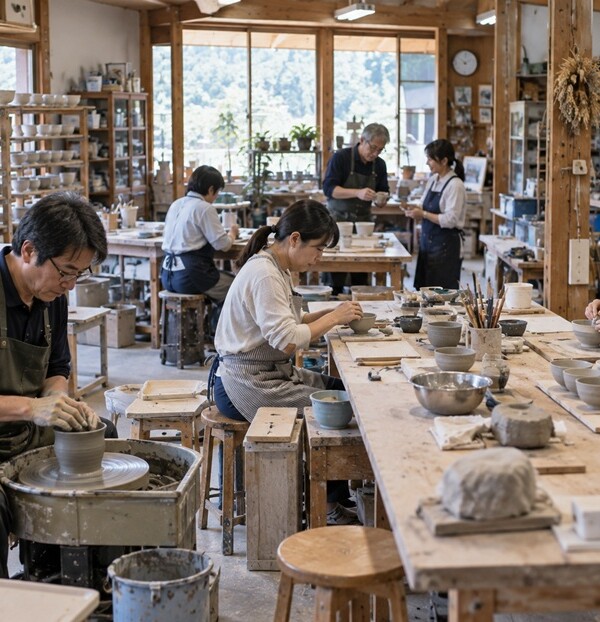 陶芸工房でそれぞれ異なる作業に取り組む人たち