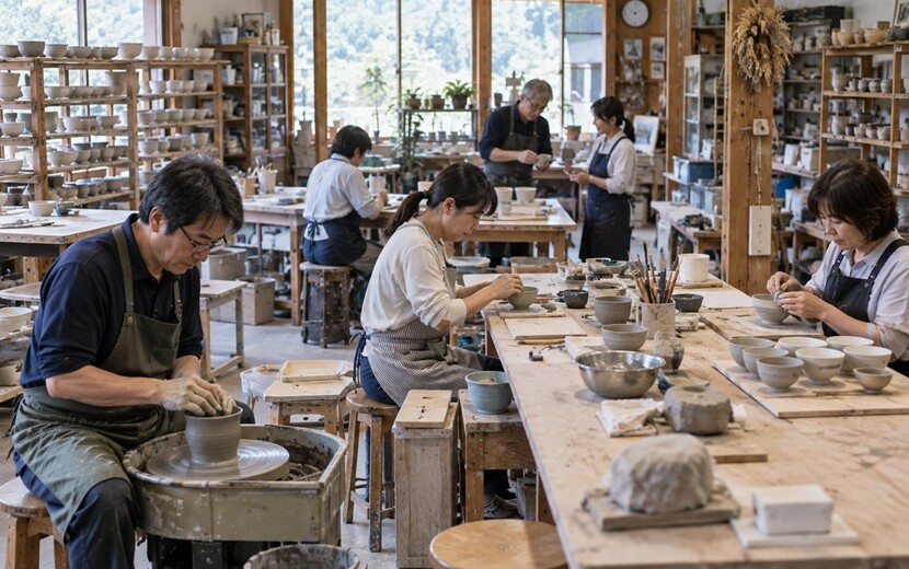 陶芸工房でそれぞれ異なる作業に取り組む人たち