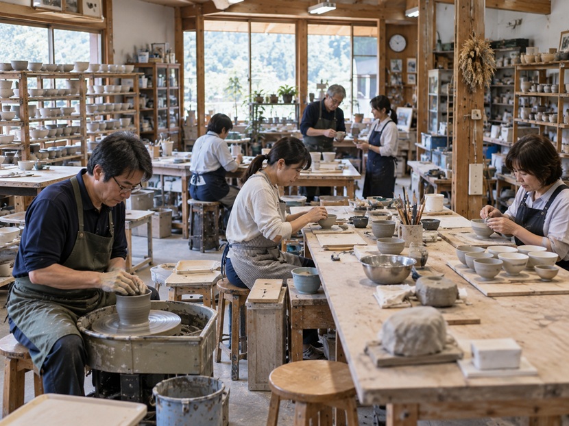 陶芸工房でそれぞれ異なる作業に取り組む人たち
