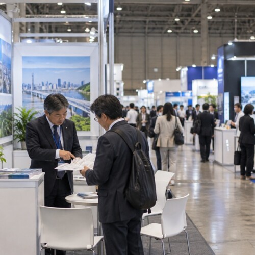 展示会の商談後に担当者が来場者へ補足情報を申し添える場面