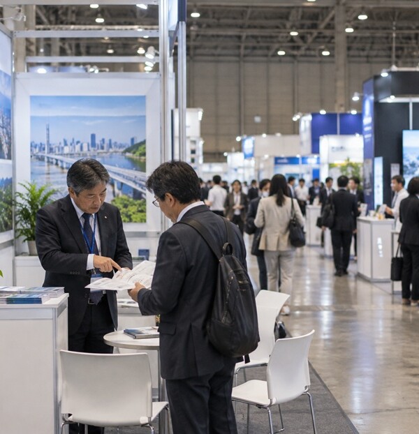 展示会の商談後に担当者が来場者へ補足情報を申し添える場面