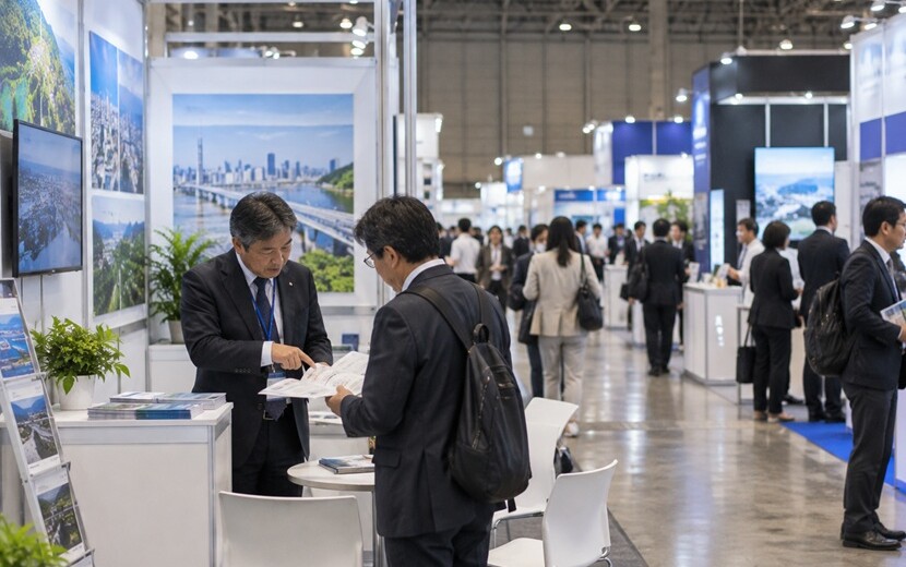 展示会の商談後に担当者が来場者へ補足情報を申し添える場面