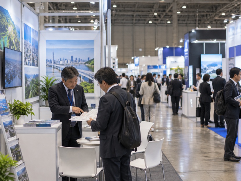 展示会の商談後に担当者が来場者へ補足情報を申し添える場面