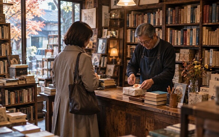 古書店で購入した本にしおりをそっと添える粋な計らいと心遣いのイメージ