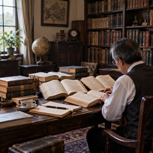 古い書斎で複数の辞書を開き唐突の言い換えや類語を調べる様子