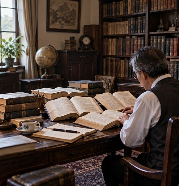 古い書斎で複数の辞書を開き唐突の言い換えや類語を調べる様子