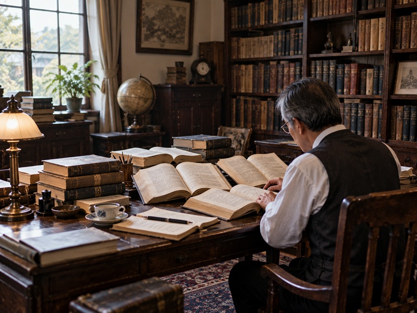 古い書斎で複数の辞書を開き唐突の言い換えや類語を調べる様子