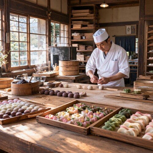 和菓子工房で同じ材料から異なる形の和菓子を作る熟練職人