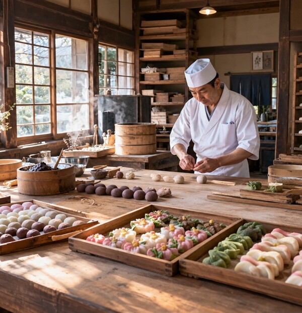 和菓子工房で同じ材料から異なる形の和菓子を作る熟練職人