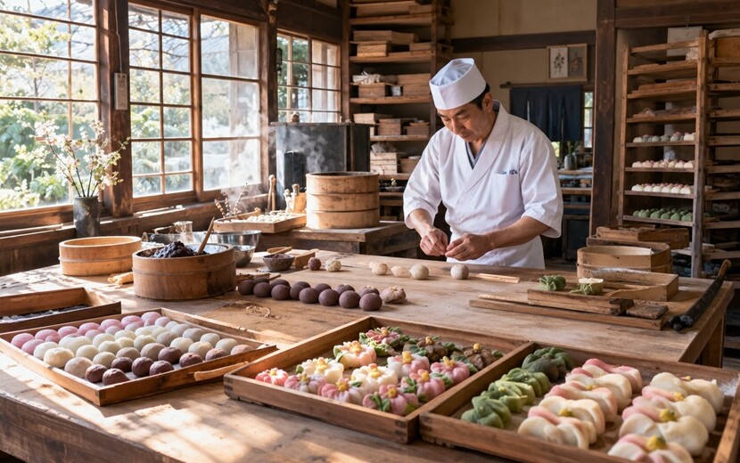 和菓子工房で同じ材料から異なる形の和菓子を作る熟練職人