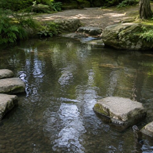 途中の石が一つ抜けた飛び石で論理の飛躍を表現したイメージ