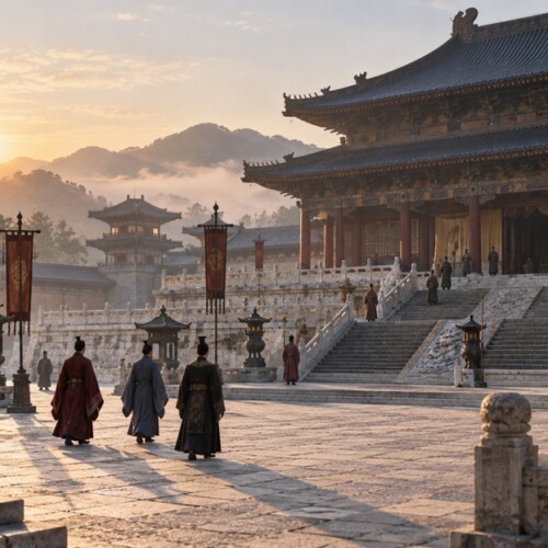 忸怩の語源となった古代中国をイメージした宮殿と人々