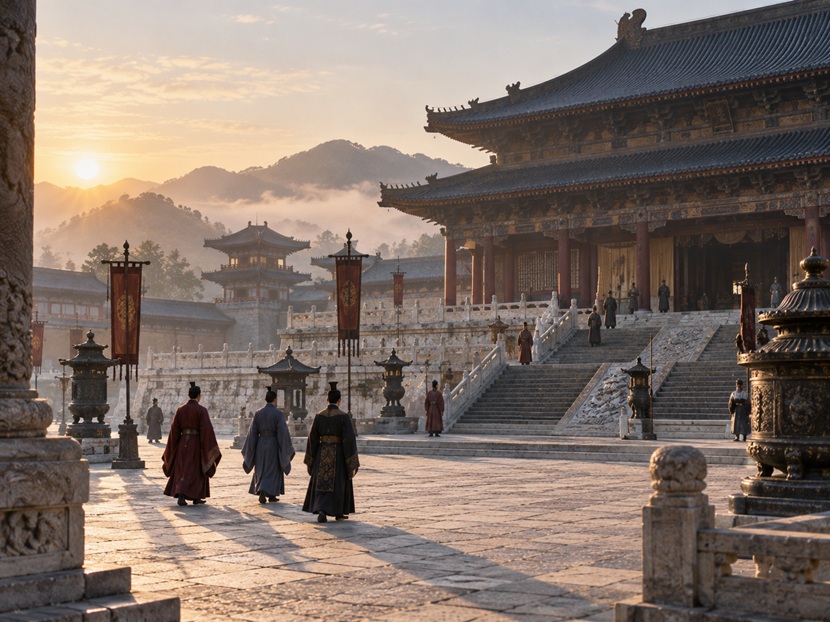 忸怩の語源となった古代中国をイメージした宮殿と人々