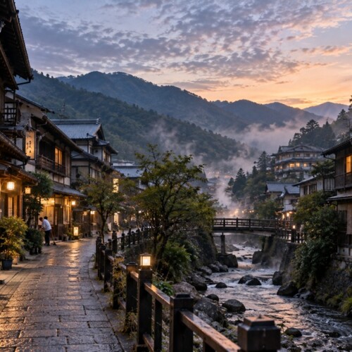 夜から朝へ移り変わる山あいの古い温泉街