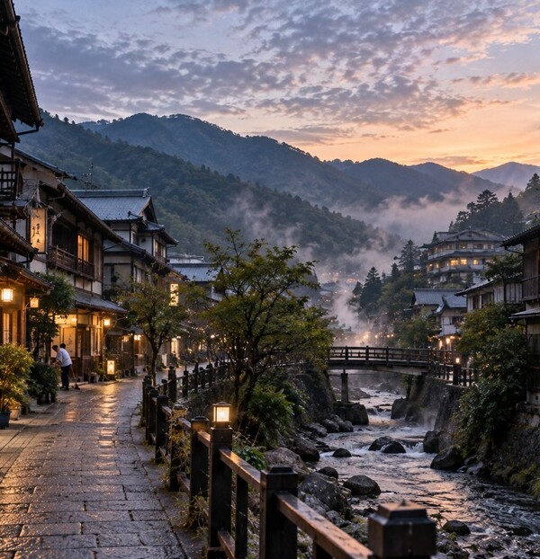 夜から朝へ移り変わる山あいの古い温泉街