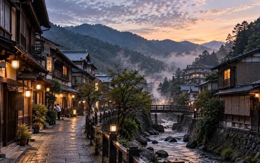 夜から朝へ移り変わる山あいの古い温泉街