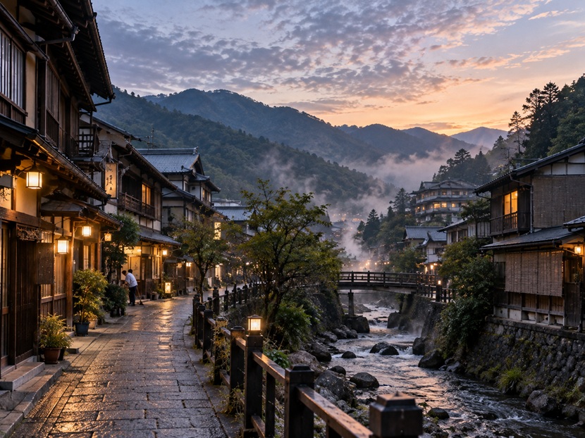 夜から朝へ移り変わる山あいの古い温泉街