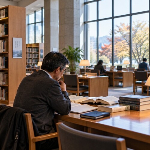 図書館で辞書を見ながら「申し添える」の言い換えを考える人物