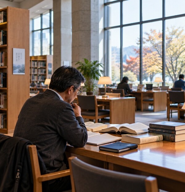 図書館で辞書を見ながら「申し添える」の言い換えを考える人物