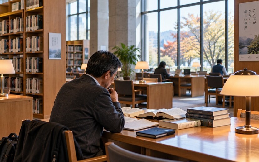 図書館で辞書を見ながら「申し添える」の言い換えを考える人物