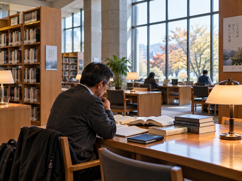 図書館で辞書を見ながら「申し添える」の言い換えを考える人物
